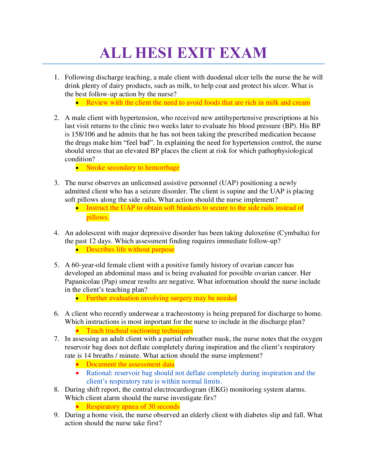 ALL HESI EXIT EXAM QnA. This document  has 300 pages of more than 1000 HESI EXIT EXAMS Questions and Answers. All you will need for the exam preparation.